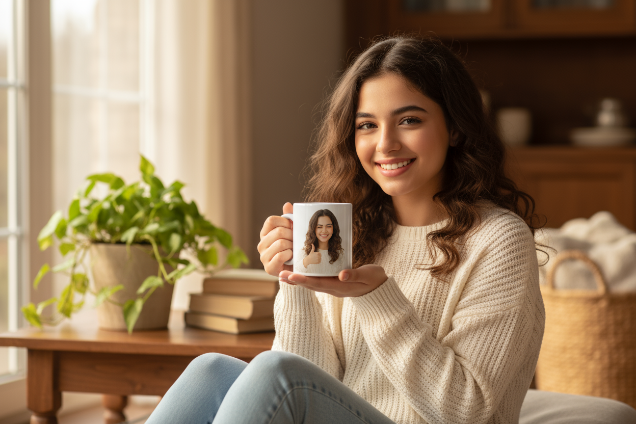 A beautiful Pakistani girl model sitting casually in a cozy, well-lit room, smiling warmly while holding a white sublimation mug. The mug has a vibrant, realistic printed image of the same girl clearly visible on it. She’s showing the mug proudly as if promoting it in a social media ad. Natural daylight from a window, soft blurred background with home décor elements like plants or a coffee table, warm tones, and a relaxed, genuine atmosphere. The photo looks like a high-quality lifestyle advertisement for a