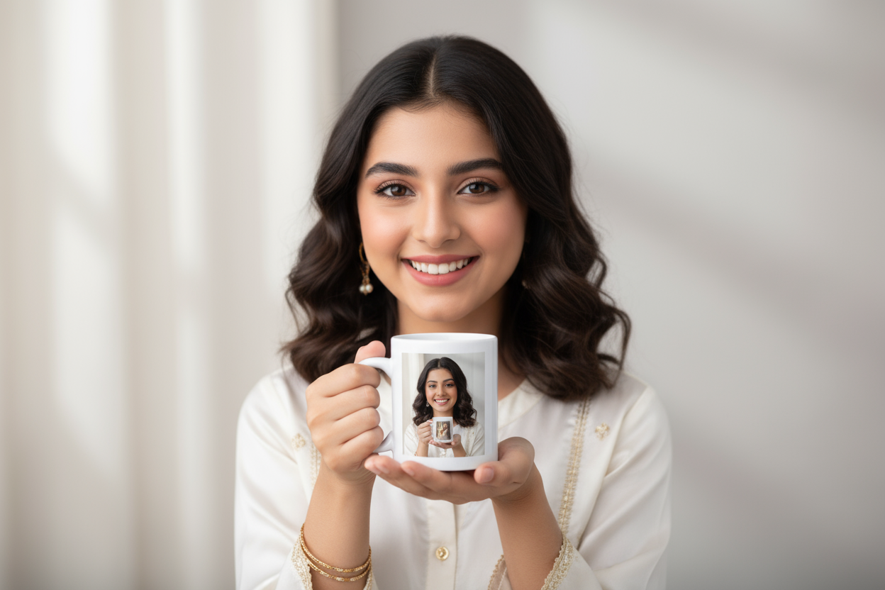 A high-quality advertisement photo of a beautiful Pakistani girl model holding a white sublimation mug. The mug has a vibrant printed image of the same girl (the print is clearly visible and realistic on the mug surface). The model is smiling and presenting the mug proudly, as if in an ad campaign. Bright, professional studio lighting, soft background with neutral tones, and focus on the mug and the model’s face. The image should look like a commercial product photo for social media or an e-commerce ad.