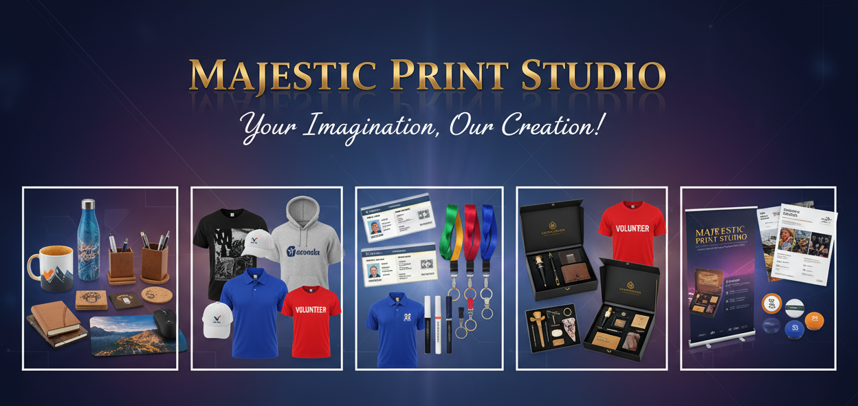 Create HD image for banner brand name is  Majestic Print Studio  our salogan You’re Imagination, Our Creation! our services 
Mugs, Bottles, Notebooks, Coasters, Mousepads & Desk Accessories
Custom T-Shirts, Hoodies, Caps, Polo Shirts & Event Wear
Office ID Cards, School ID Cards, Lanyards & Keychains
Customized gift sets for events, functions, employees & clients
•	Marketing & Promotional It