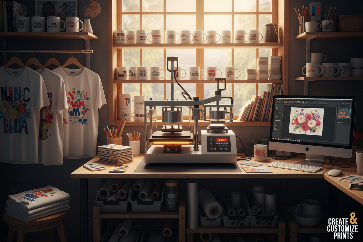 genrate imge for banner sublimation 5 in 1heat matchine and prinng samll busniess room where we work customize prining t shirts and mugs and etc