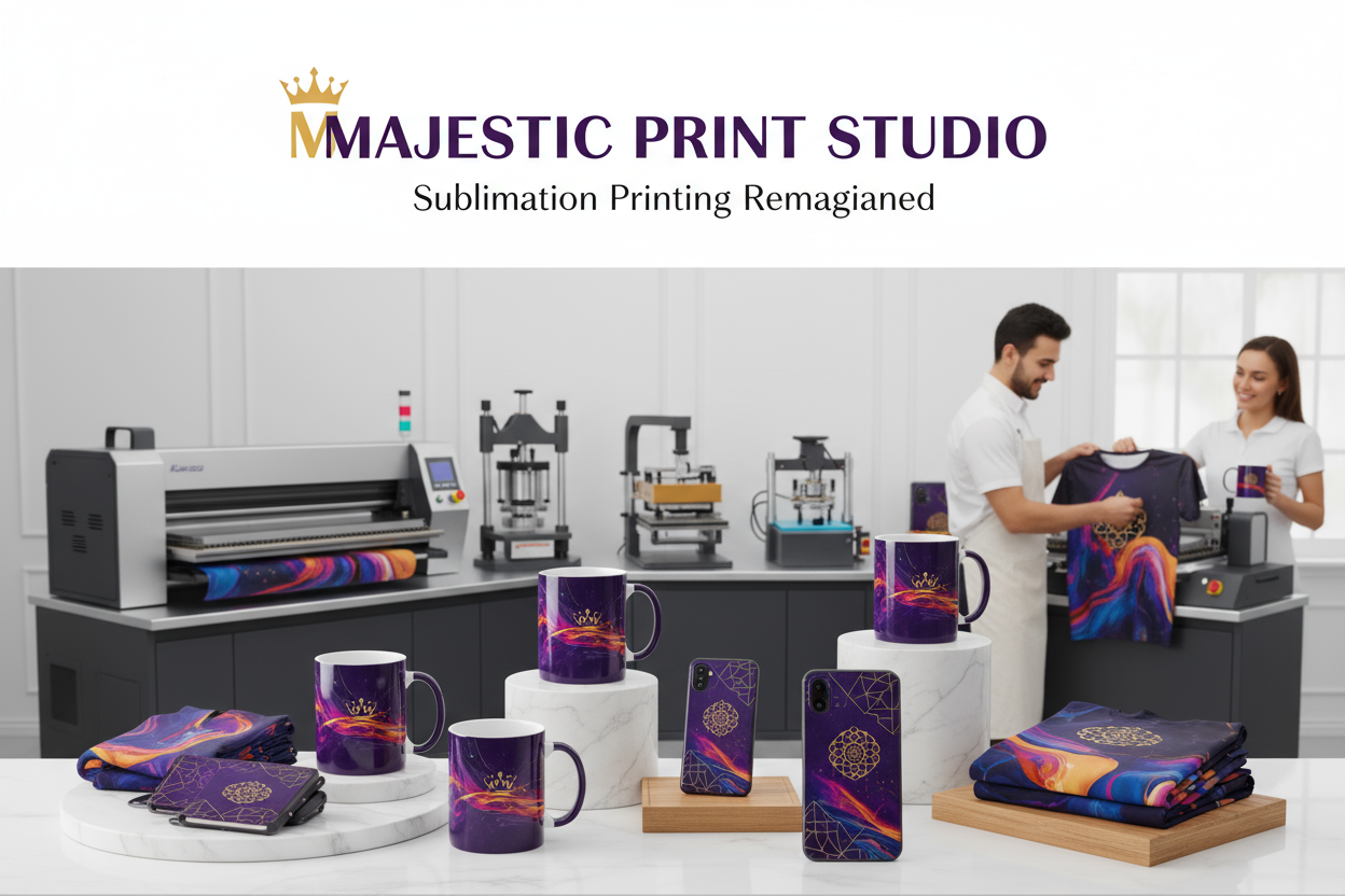 make About Us page or Buniess is Sublimation Printing and our Brand Name is  Majestic Print Studio make professional and HD  