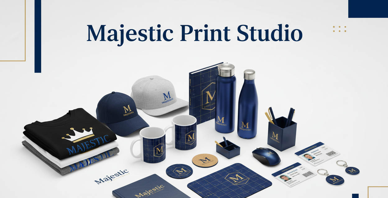 make About US  picture in HD our Brand logo Majestic Print Studio this name priny every product We offer a wide range of sublimation and corporate printing products, crafted to support branding, promotions, corporate identity, employee recognition, and institutional needs.
Our Core Products Include:
•	Corporate Branded Merchandise
Mugs, Bottles, Notebooks, Coasters, Mousepads & Desk Accessories
Custom T-Shirts, Hoodies, Caps, Polo Shirts & Event Wear
Office ID Cards, School ID Cards, Lanyards & Keychains